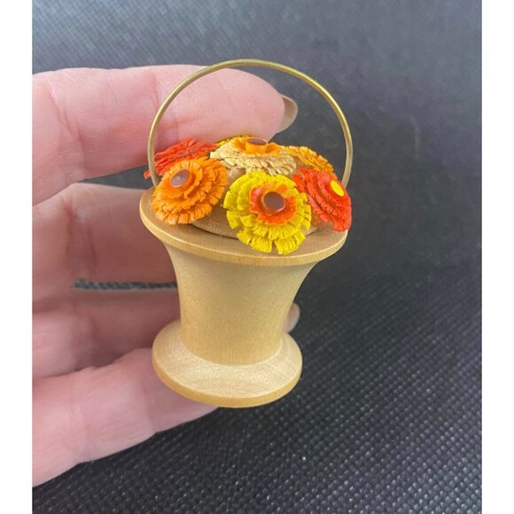 Vintage Germany Wooden Miniature Flower Basket With Colorful Floral Accents - Picture 3 of 5